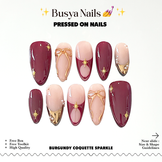 Busya Nails - Burgundy Coquette Sparkles Pressed On Nails Kuku Palsu Free Tools