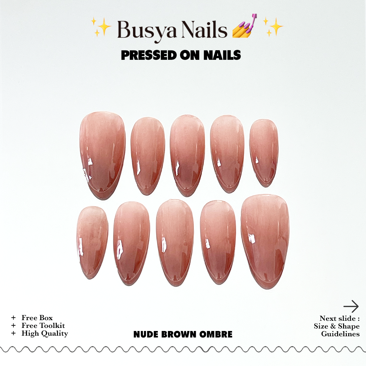 Busya Nails - Nude Brown Ombre Pressed On Nails Kuku Palsu Free Lem Tools