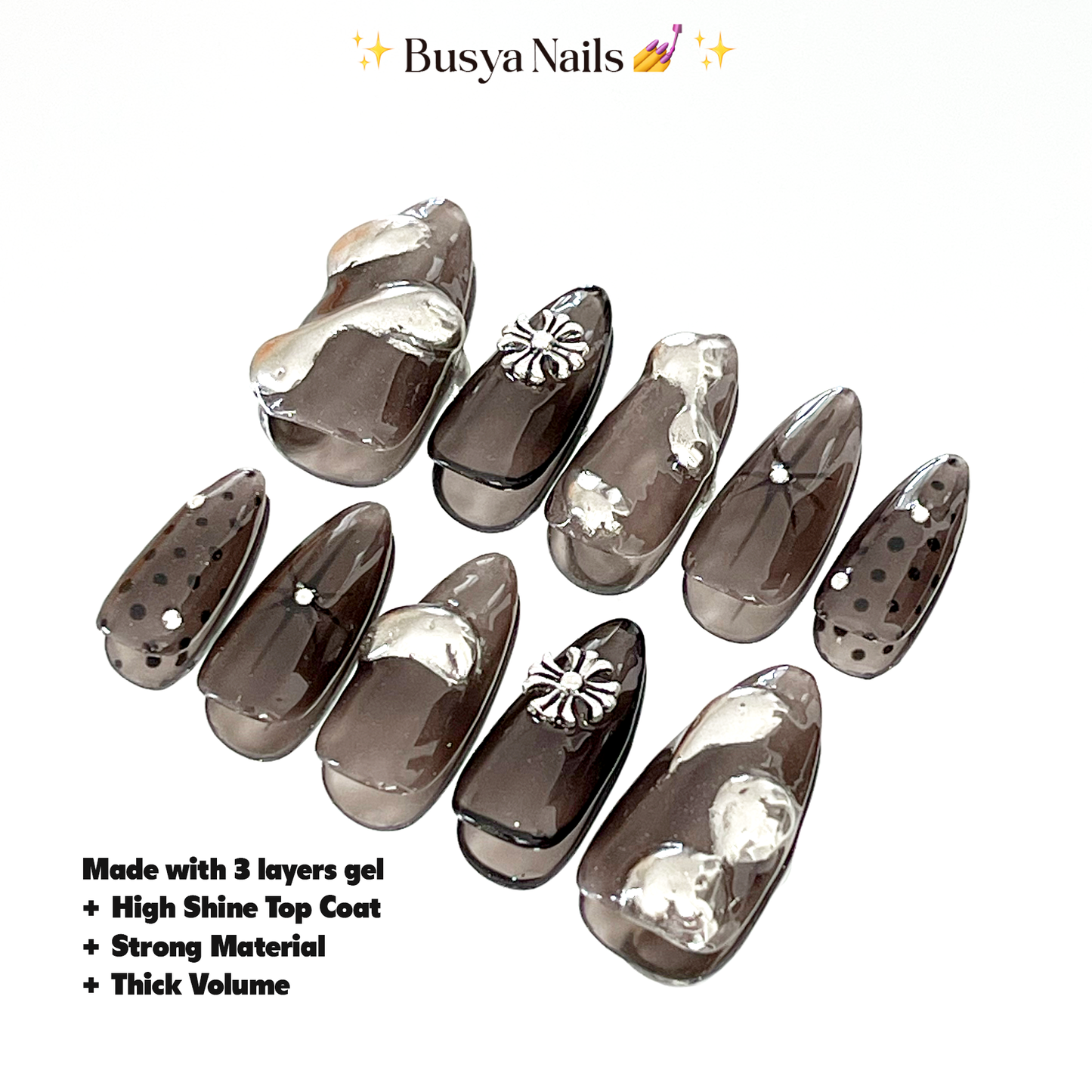 Busya Nails - Black Reflux Liquid Flow Chrome Nails Pressed On Nails Kuku Palsu Free Tools