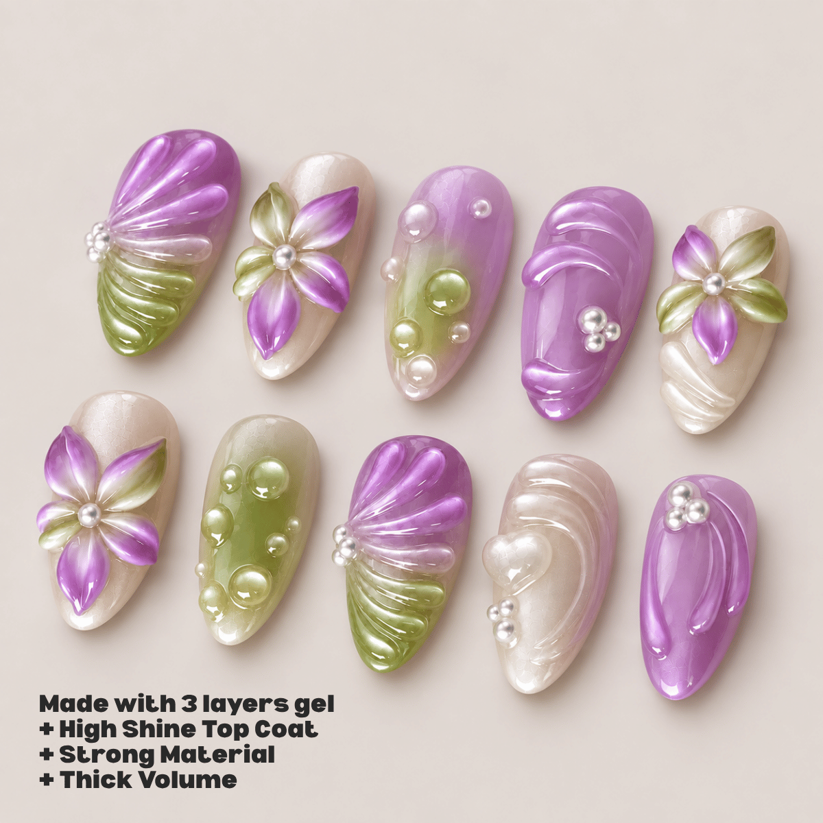 Busya Nails - Ube Matcha Floral Waves   Pressed On Nails Kuku Palsu Free Tools