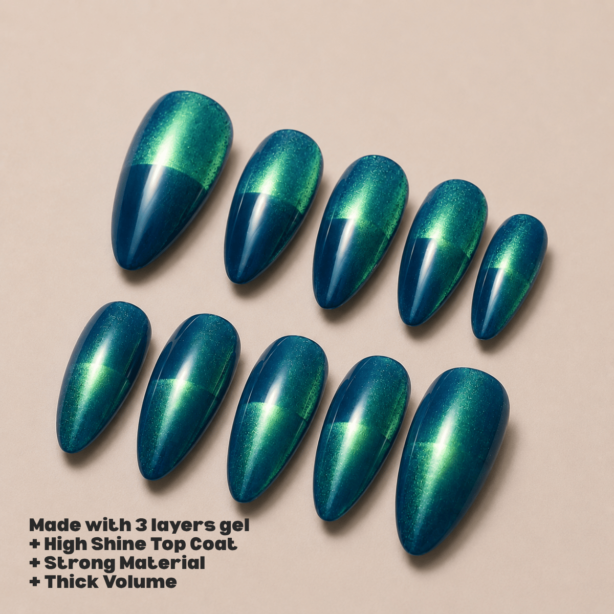 Busya Nails - Blue Green - Glass Cat Eye Split Pressed On Nails Kuku Palsu Free Tools