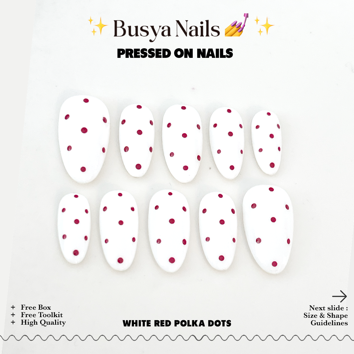 Busya Nails - White Maroon Polka Dots Pressed On Nails Gel Free Toolkit Kuku Palsu