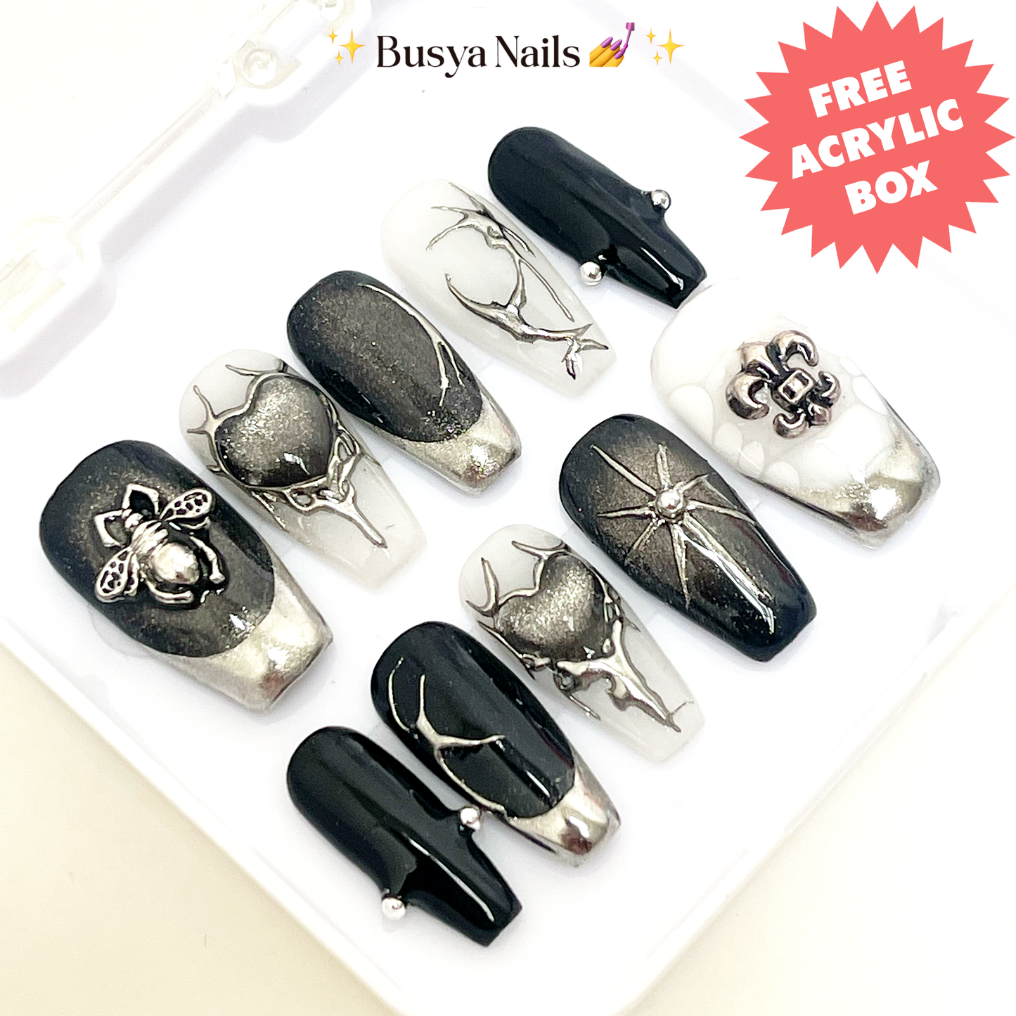 Busya Nails - Iron Heart Y2K Gothic Pressed On Nails Gel Free Toolkit Kuku Palsu