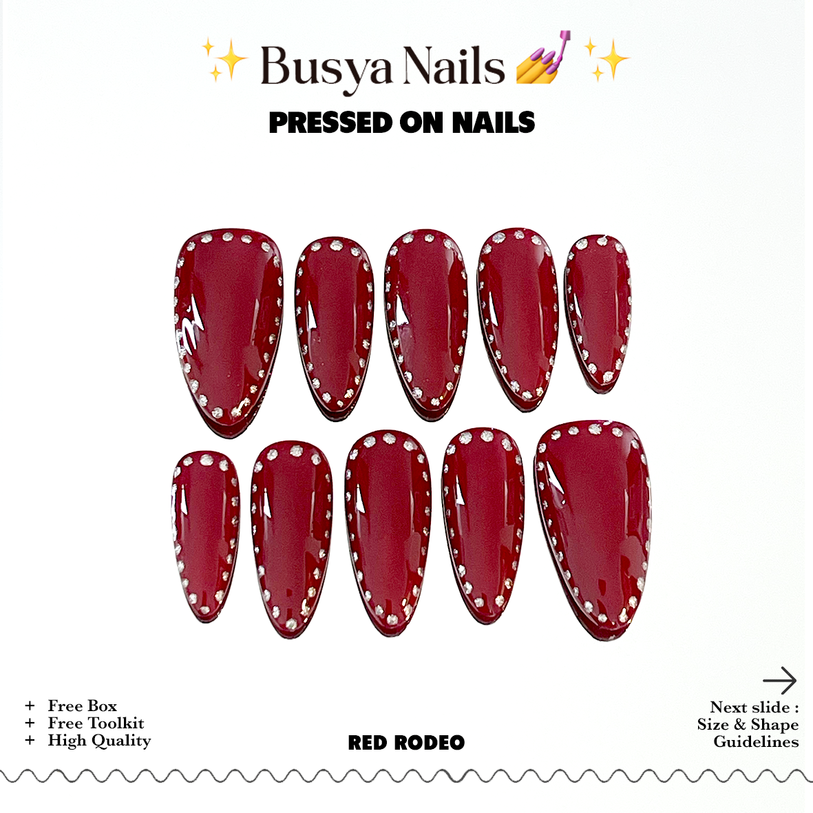 Busya Nails - Red Rodeo Pressed On Nails Kuku Palsu Free Tools