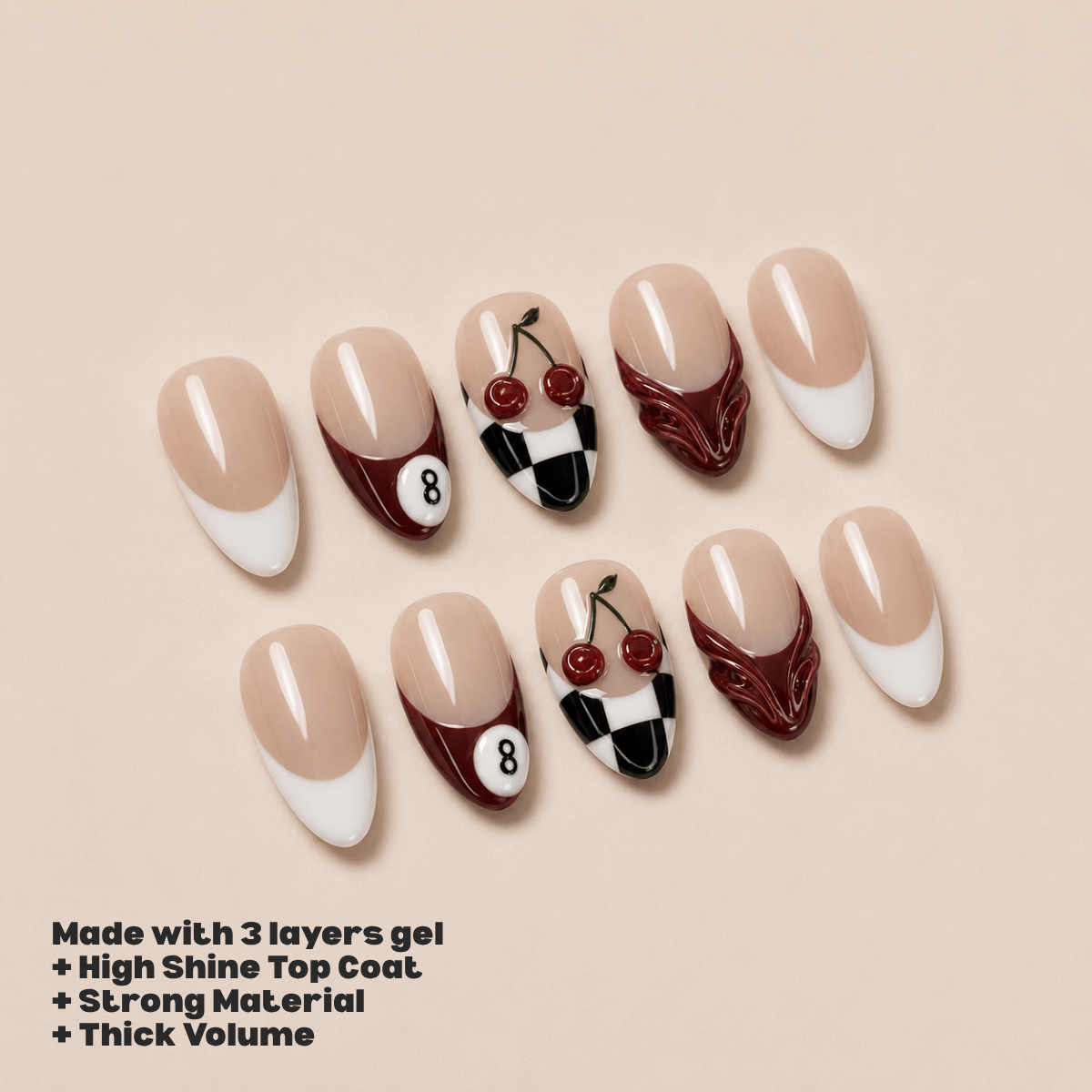 Busya Nails - Cherry Pool 8 Ball 3D Pressed On Nails Kuku Palsu Free Tools