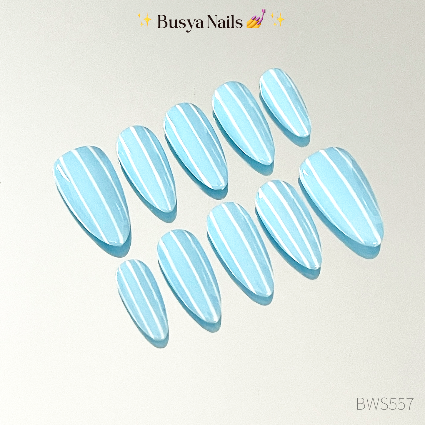 Busya Nails - Blue White Stripes Summer Pressed On Nails Kuku Palsu Free Tools