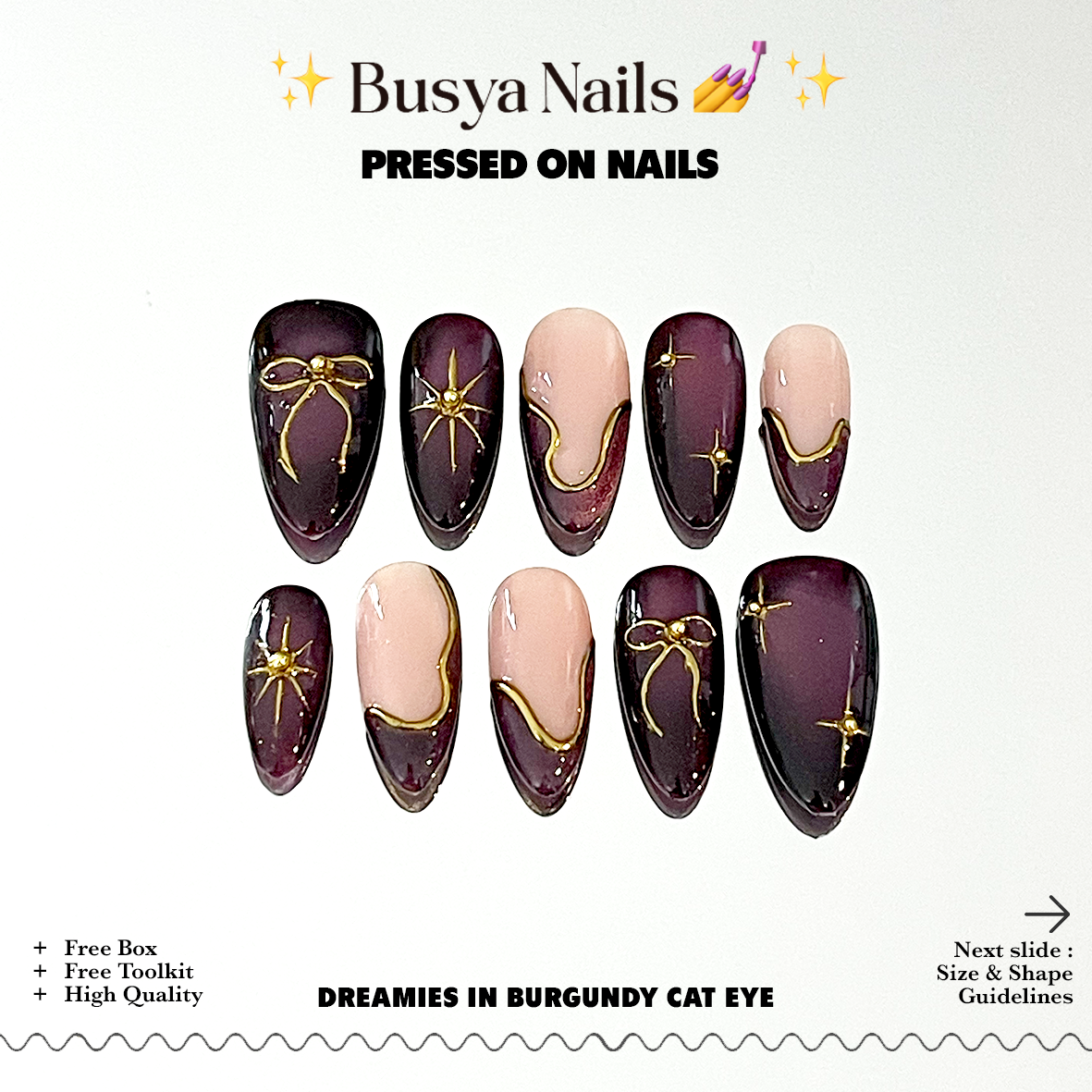 Busya Nails - Dreamies in Burgundy Cat Eye Pressed On Nails Kuku Palsu Free Tools