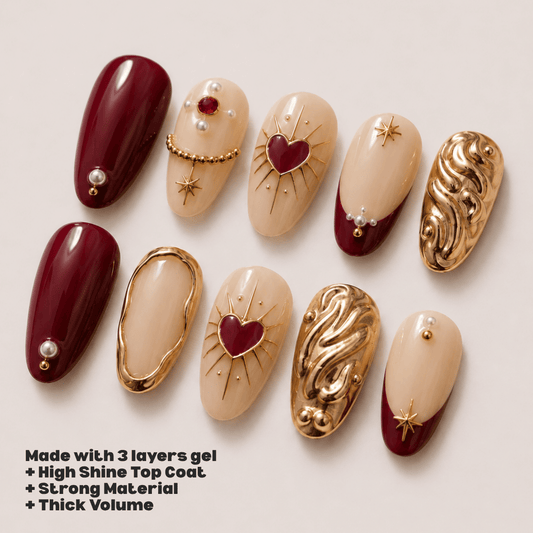 Busya Nails - Aphrodite Red Gold Pressed On Nails Kuku Palsu Free Tools