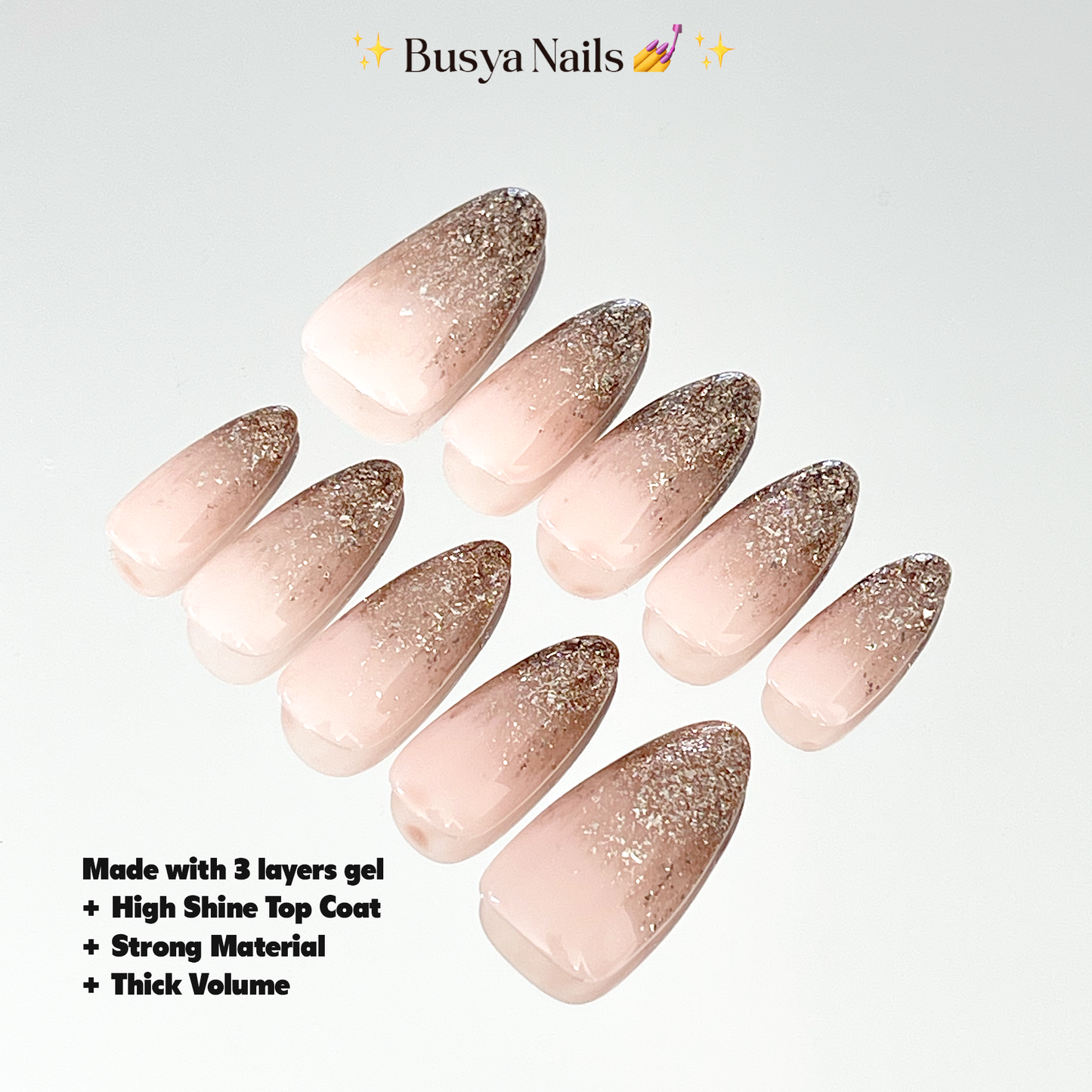 Busya Nails - Nude Brown Bronze Glitter Pressed On Nails Gel Free Toolkit Kuku Palsu