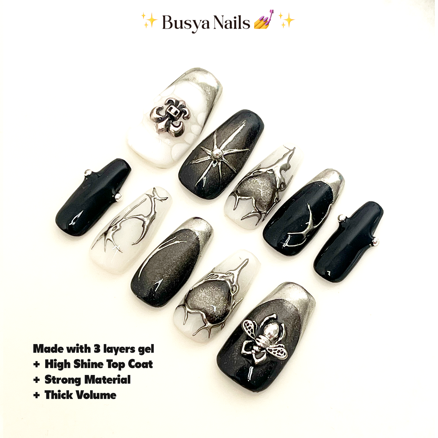 Busya Nails - Iron Heart Y2K Gothic Pressed On Nails Gel Free Toolkit Kuku Palsu