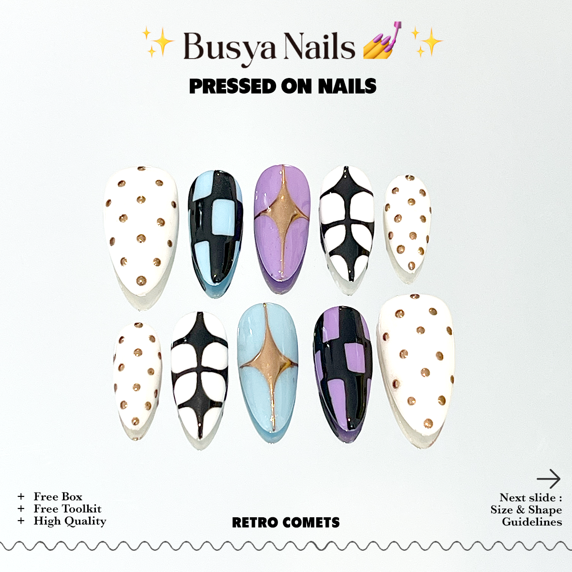 Busya Nails - Retro CometsPressed On Nails Kuku Palsu Free Tools