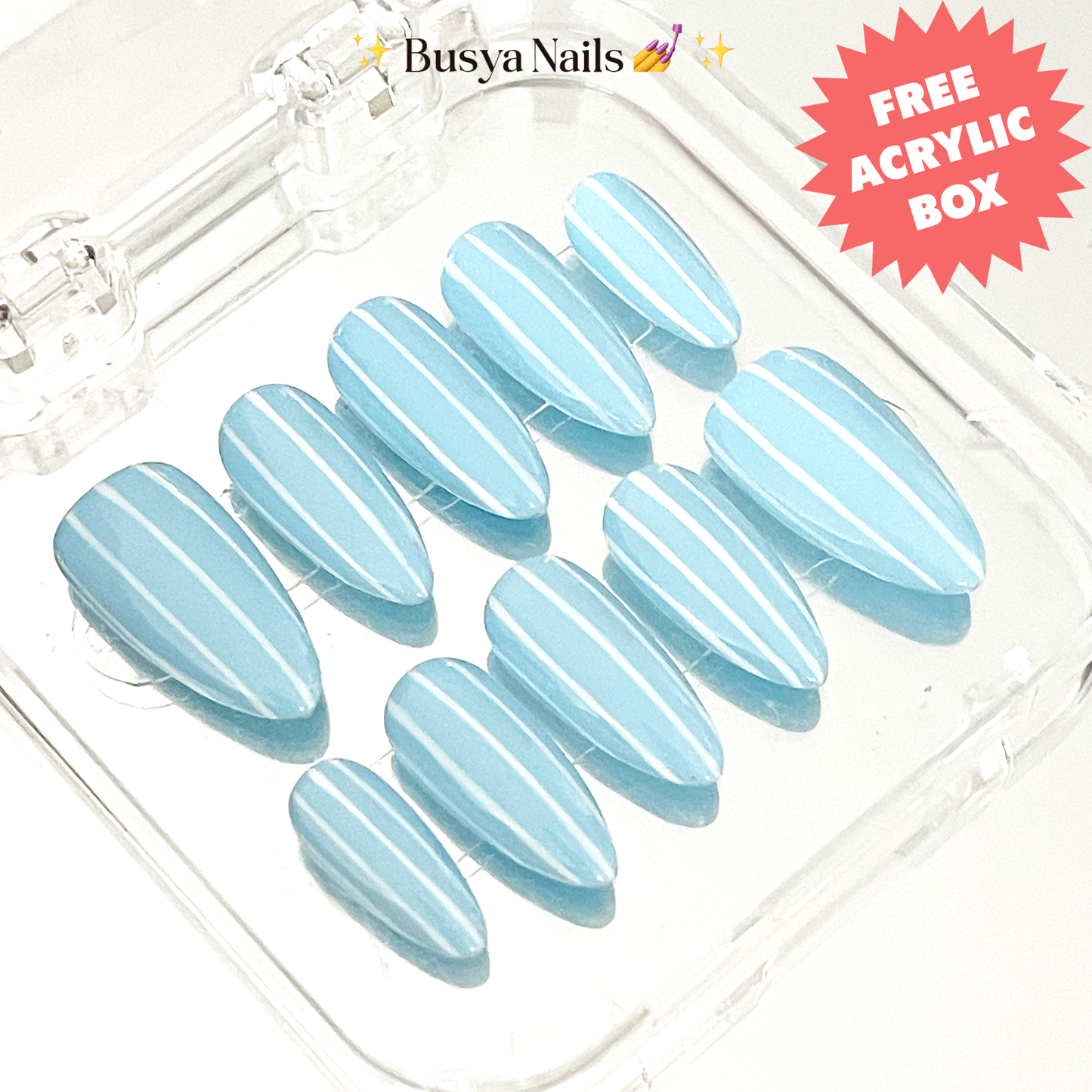 Busya Nails - Blue White Stripes Summer Pressed On Nails Kuku Palsu Free Tools