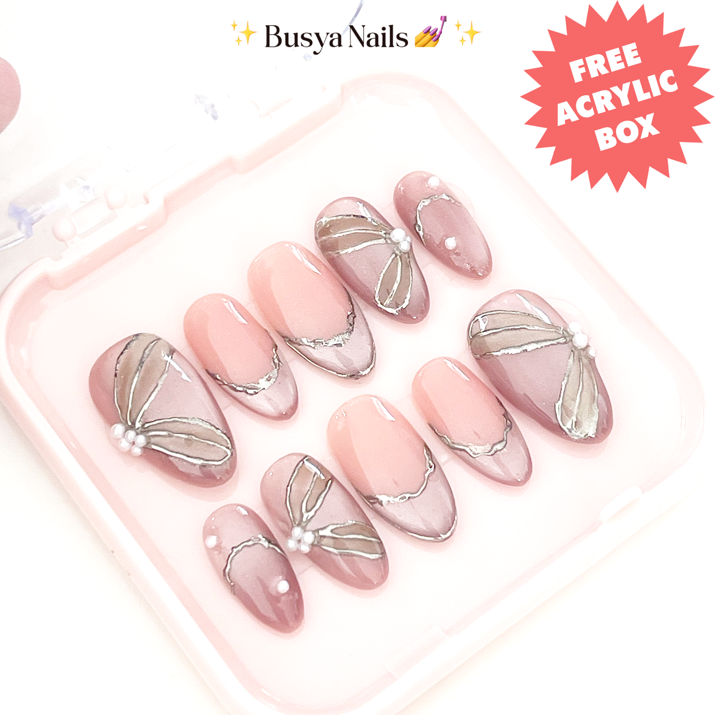 Busya Nails - Satin Dress Wedding Nails Pressed On Kuku Palsu Free Lem Tools