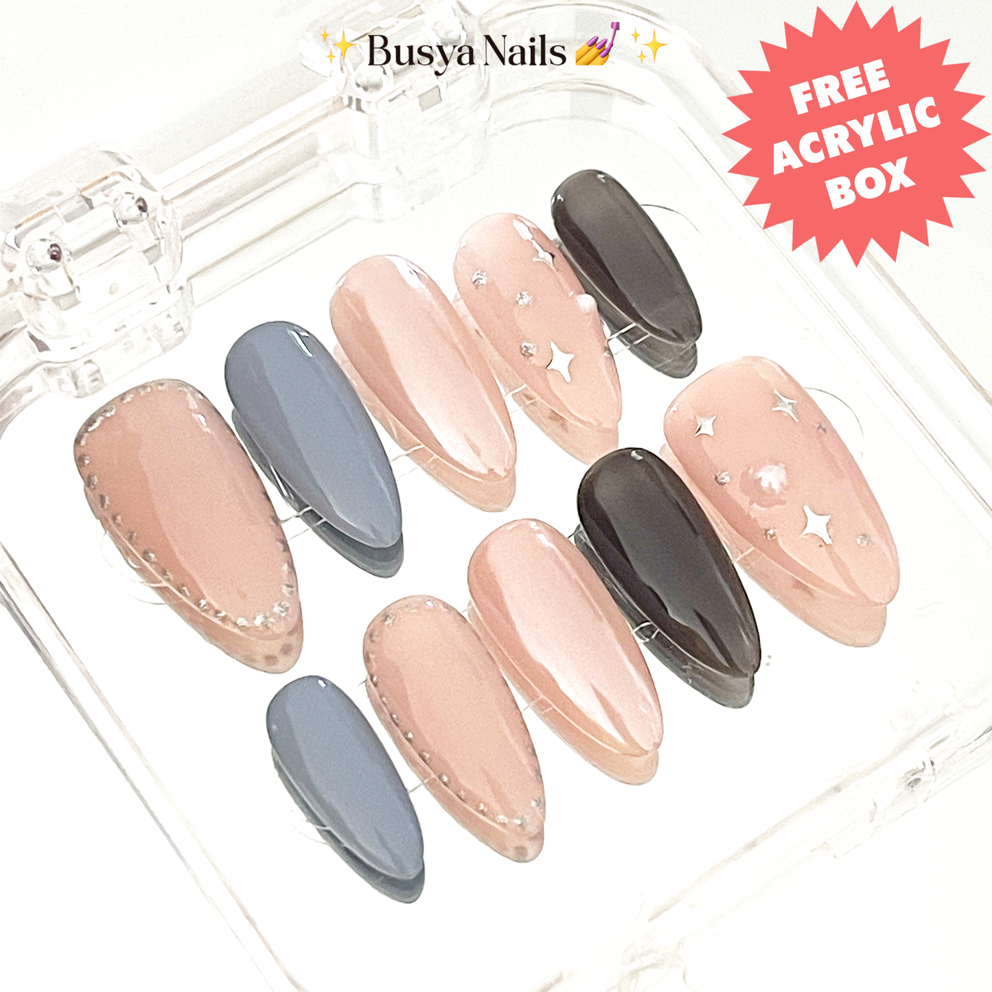 Busya Nails - Muted Cool Pressed On Nails Kuku Palsu Free Tools