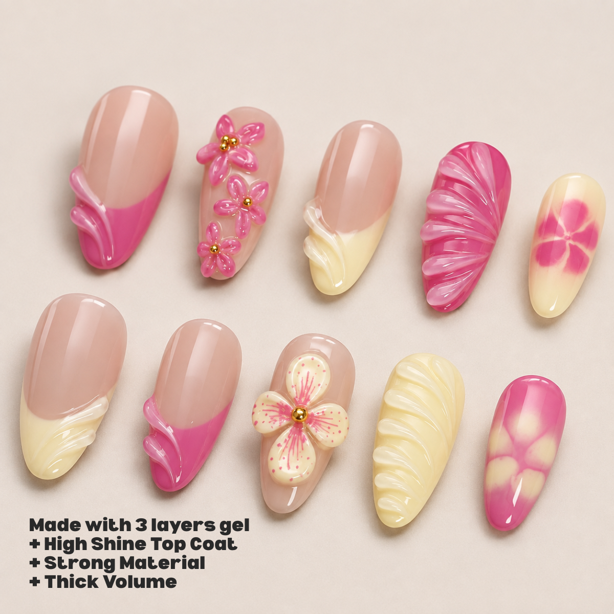 Busya Nails - Butter Fuschia Flowers Pressed On Nails Kuku Palsu Free Tools