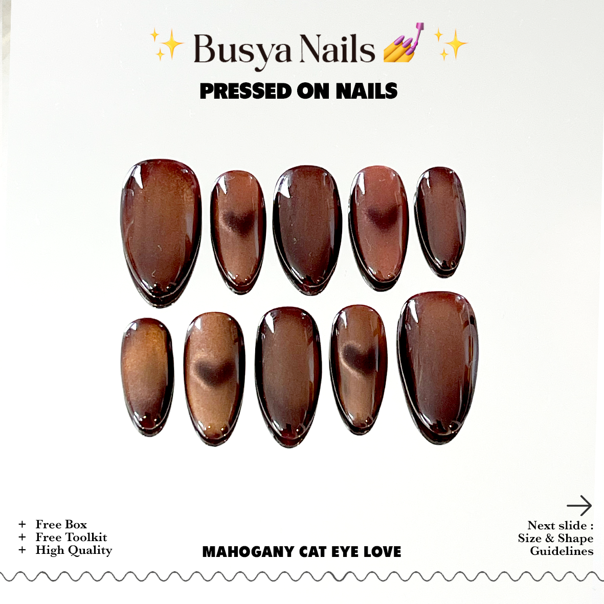 Busya Nails - Mahogany Cat Eye Love Pressed On Nails Kuku Palsu Free Lem Tools