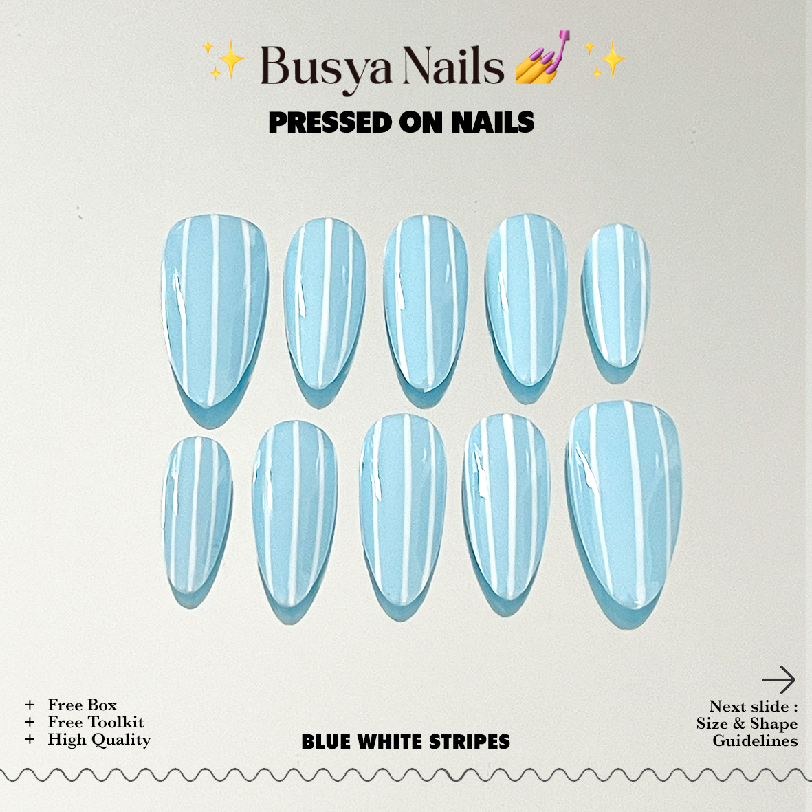 Busya Nails - Blue White Stripes Summer Pressed On Nails Kuku Palsu Free Tools