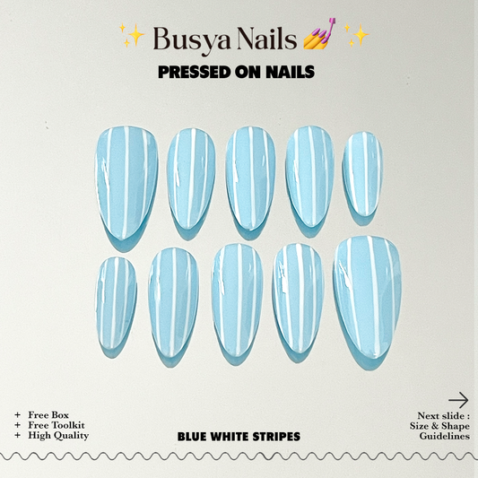 Busya Nails - Blue White Stripes Summer Pressed On Nails Kuku Palsu Free Tools