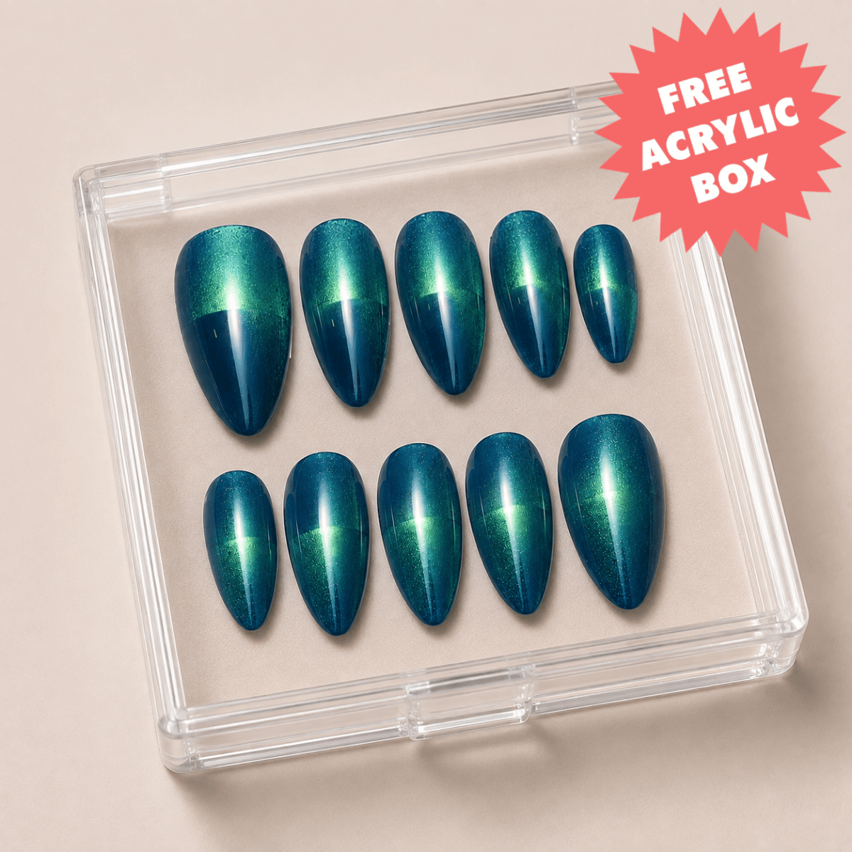 Busya Nails - Blue Green - Glass Cat Eye Split Pressed On Nails Kuku Palsu Free Tools