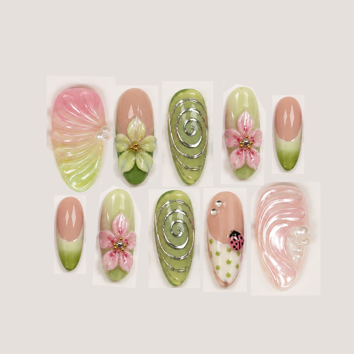Busya Nails - Strawberry Matcha Beach Summer Pressed On Nails Kuku Palsu Free Tools