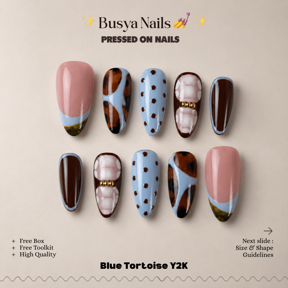 Busya Nails - Blue Tortoise Y2K Pressed On Nails Kuku Palsu Free Tools