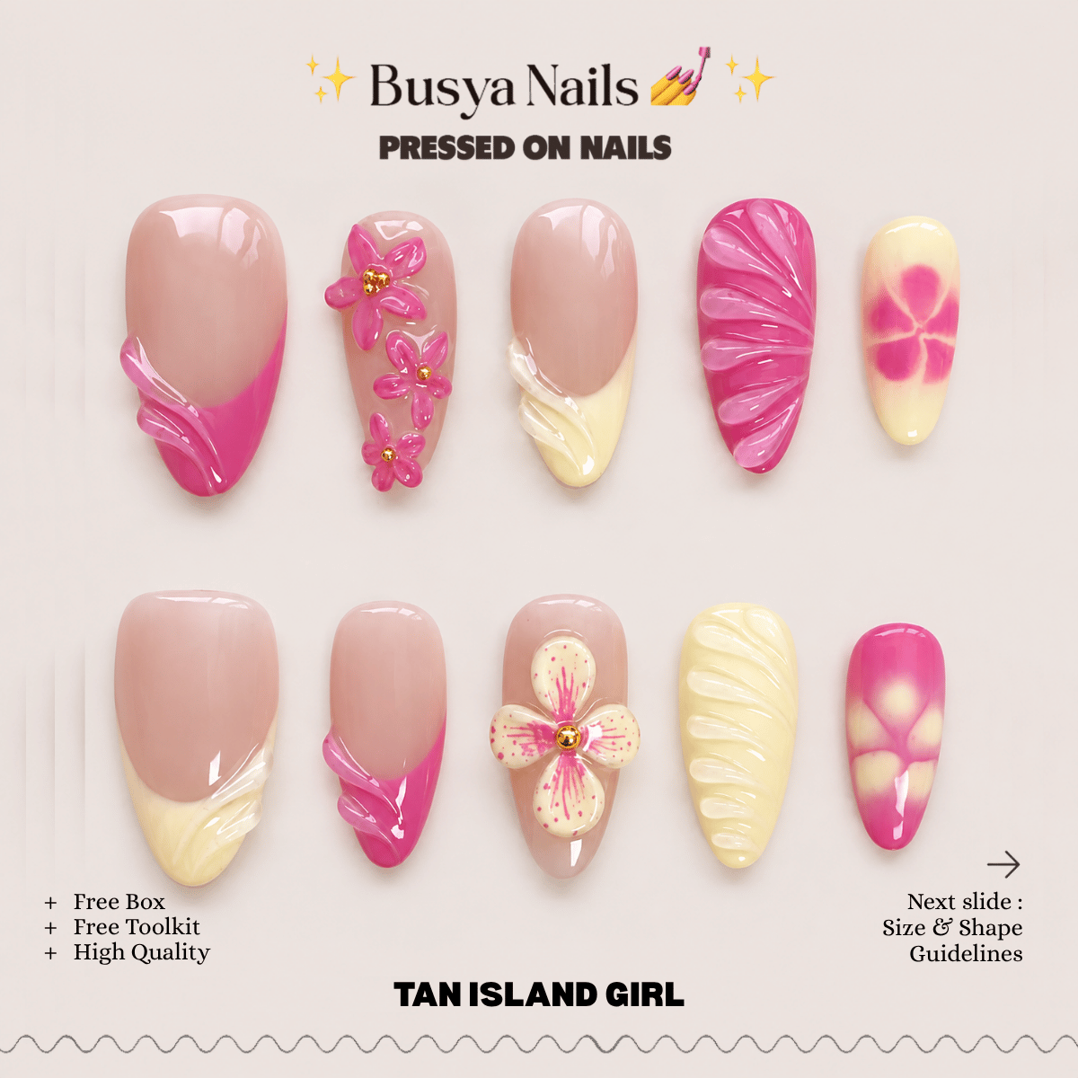 Busya Nails - Butter Fuschia Flowers Pressed On Nails Kuku Palsu Free Tools
