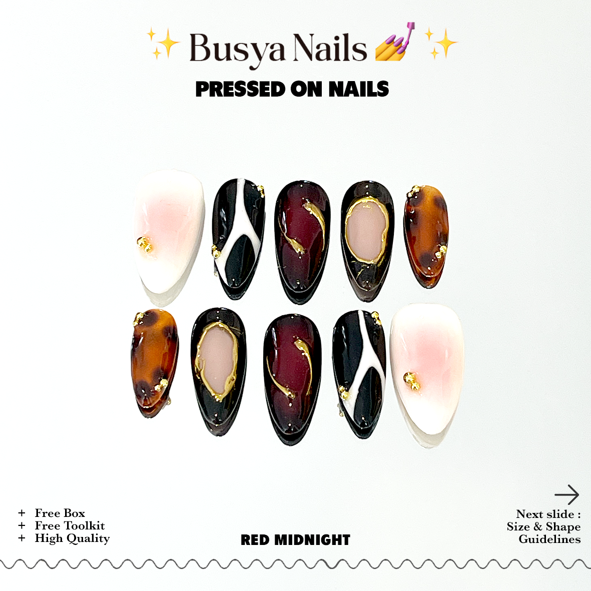 Busya Nails - Red Midnight Pressed On Nails Kuku Palsu Free Tools