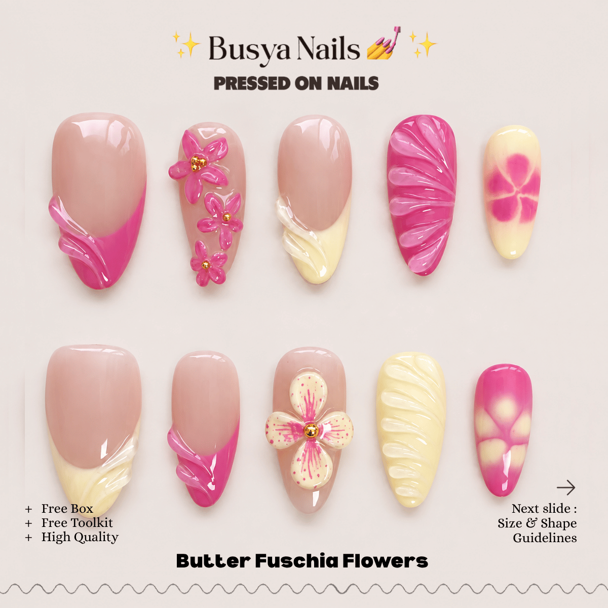 Busya Nails - Butter Fuschia Flowers Pressed On Nails Kuku Palsu Free Tools