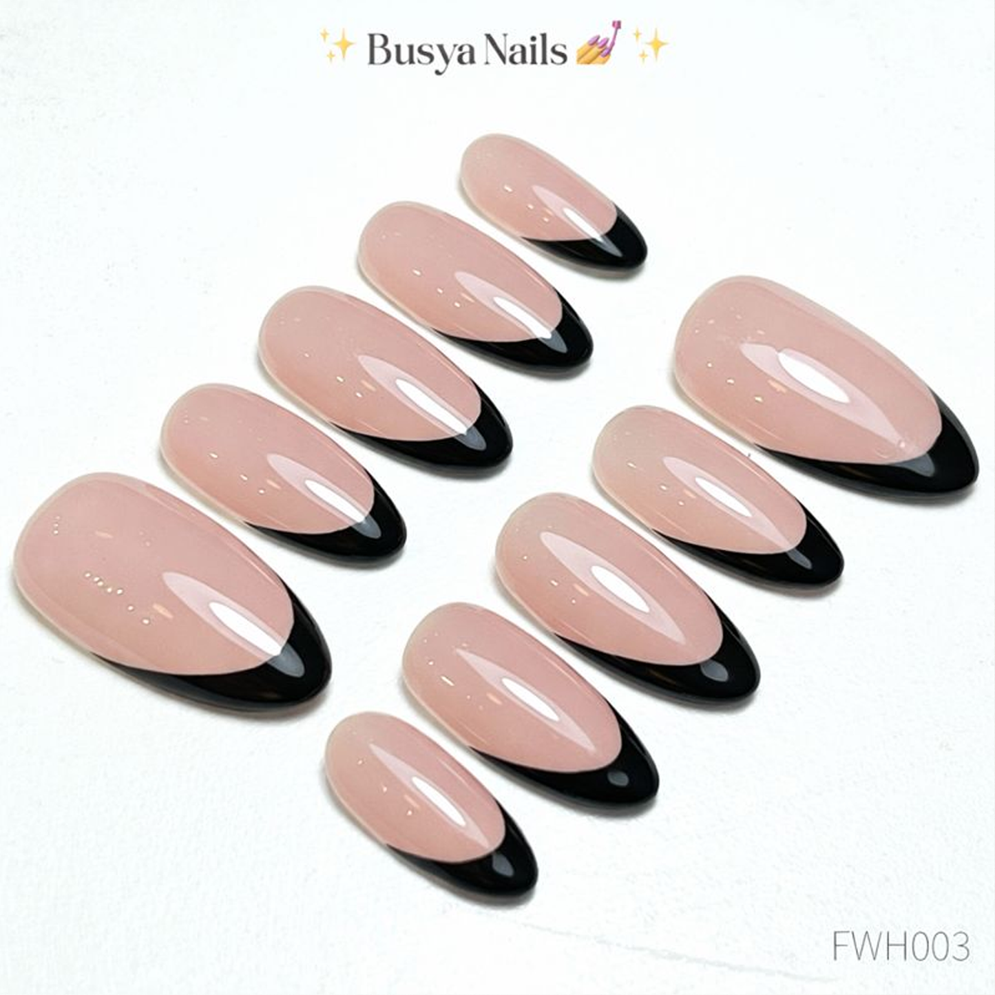 Busya Nails - French Black Gel Nail Art Kuku Palsu Pressed On Nails Gel Free Toolkit