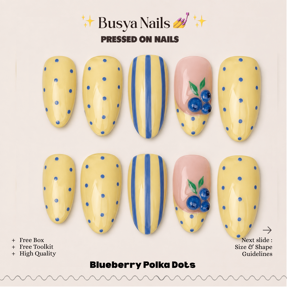 Busya Nails - Blueberry Butter Polka Dots 3D Pressed On Nails Kuku Palsu Free Tools