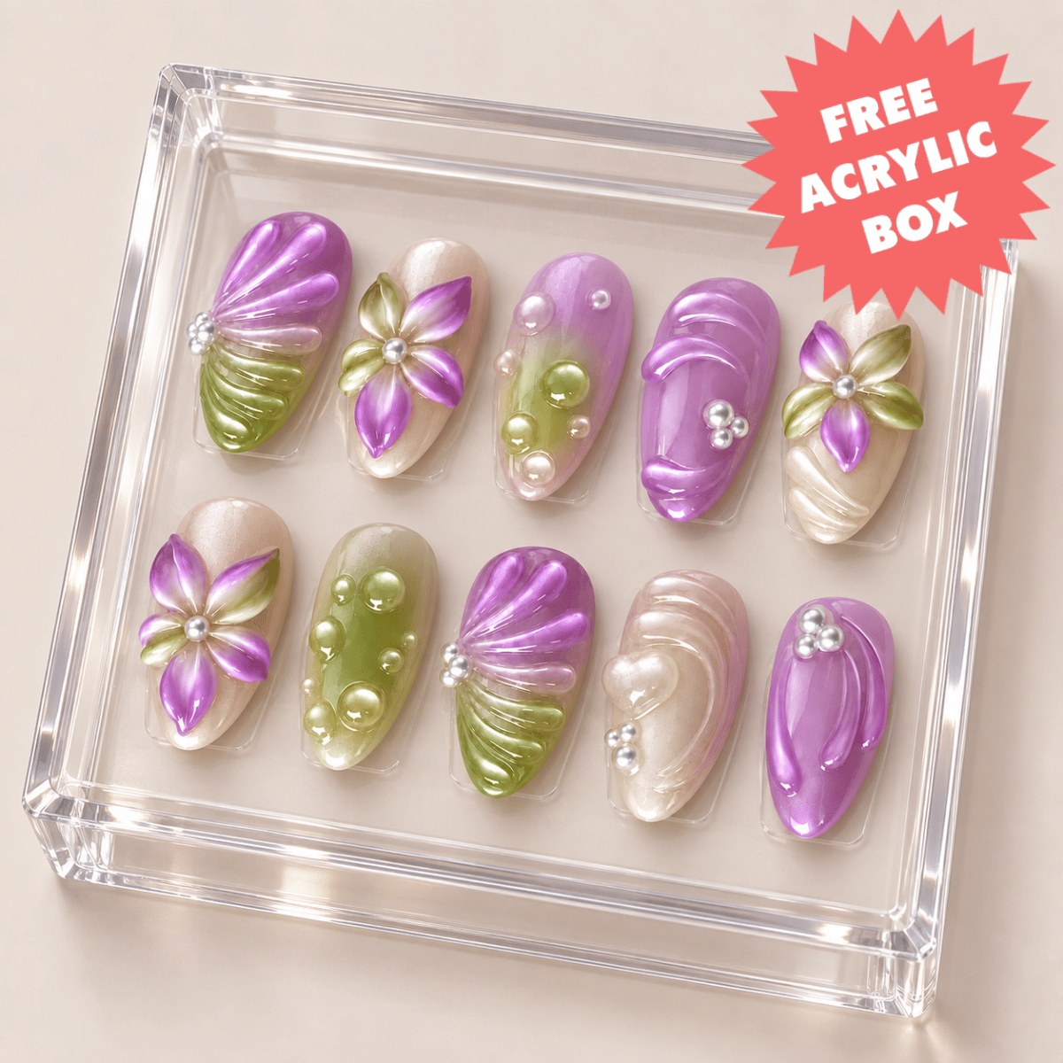 Busya Nails - Ube Matcha Floral Waves   Pressed On Nails Kuku Palsu Free Tools