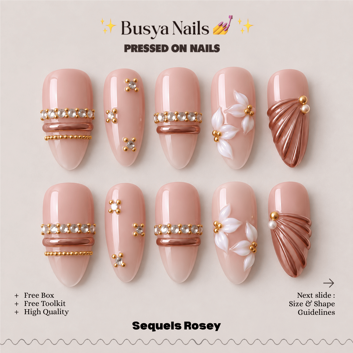 Busya Nails - Sequels Rosey Pressed On Nails Kuku Palsu Free Tools