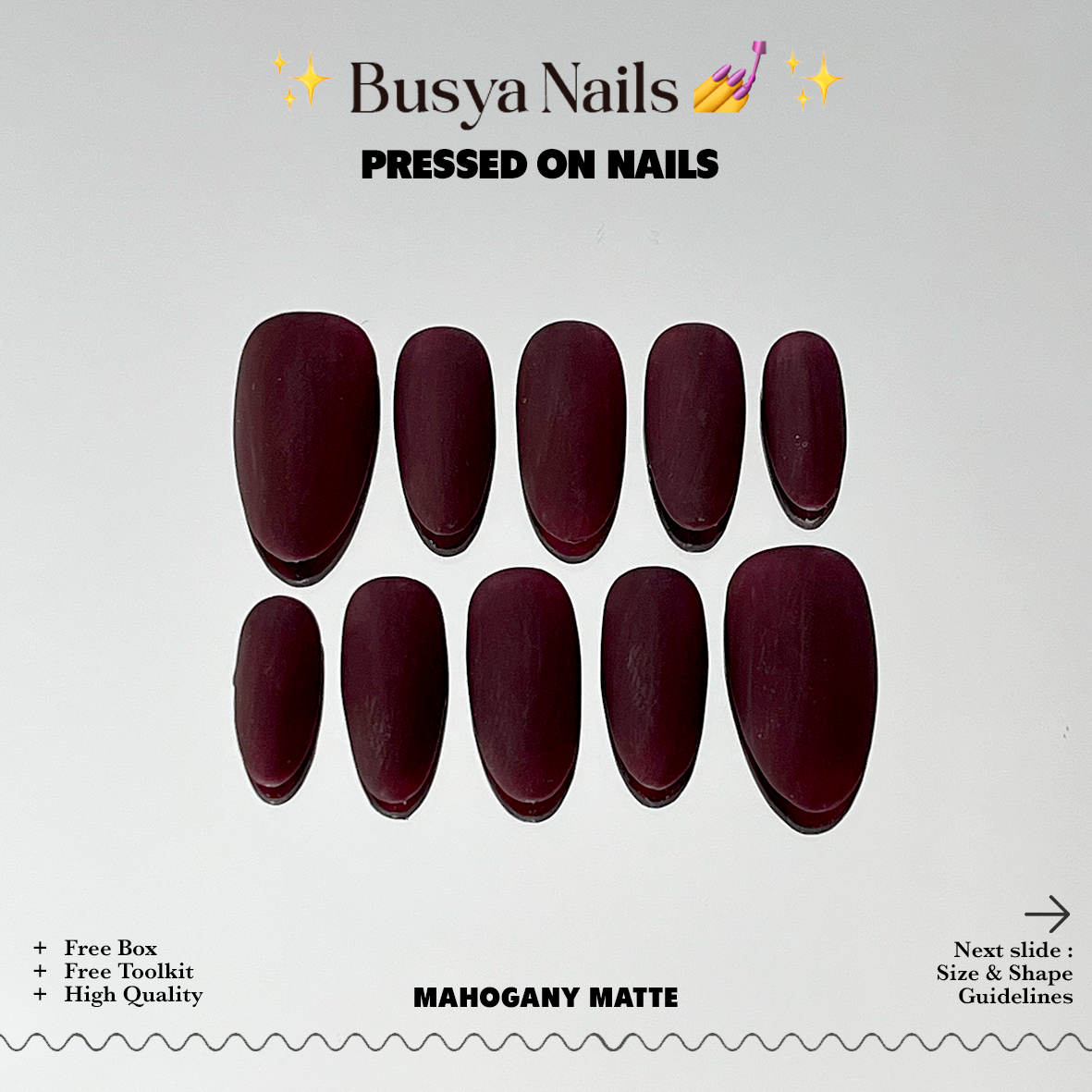 Busya Nails - Mahogany Matte P13 Pressed On Nails Gel Free Toolkit Kuku Palsu