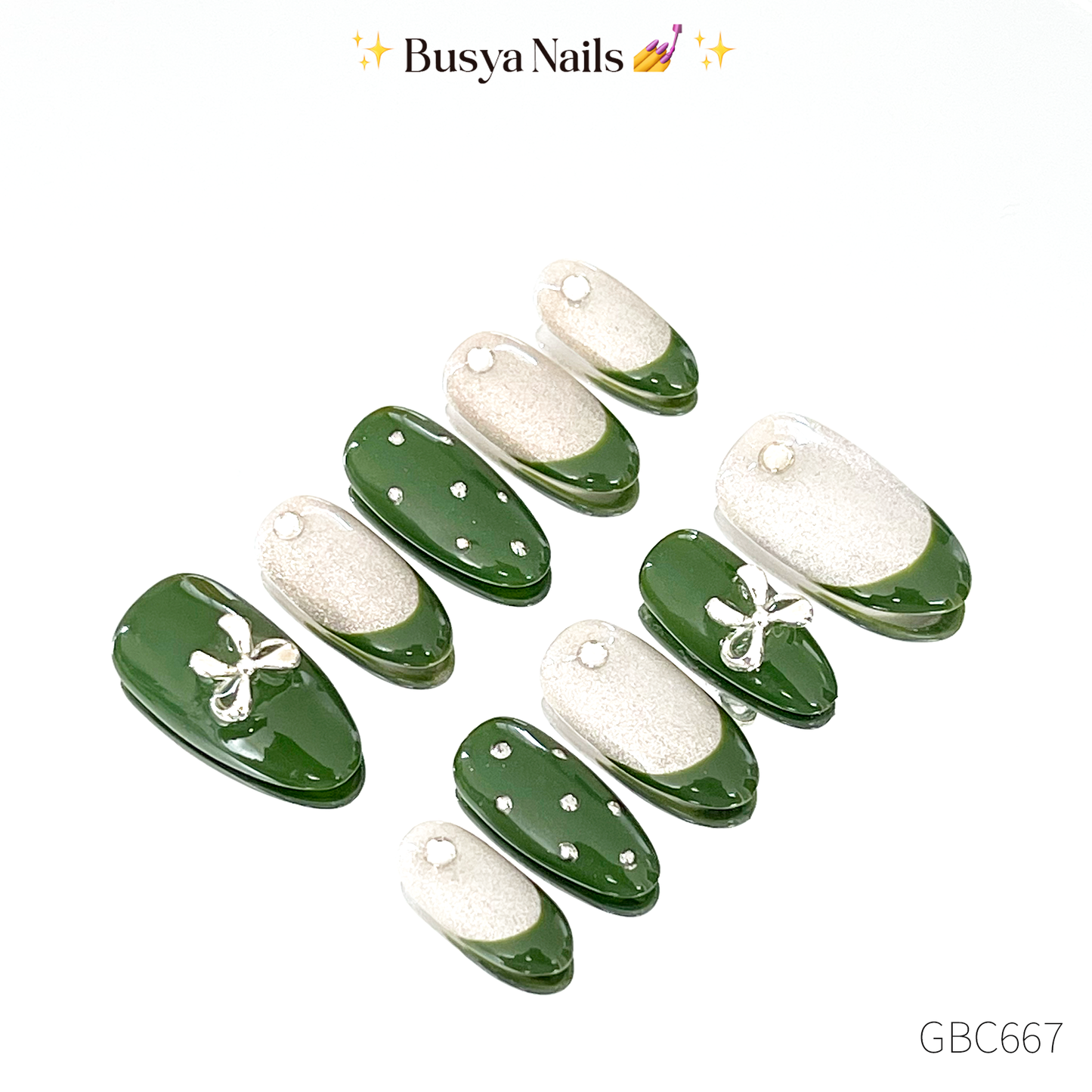 Busya Nails - Green Bow Cat Eye Silver Nails Pressed On Nails Putih Nude Kuku Palsu